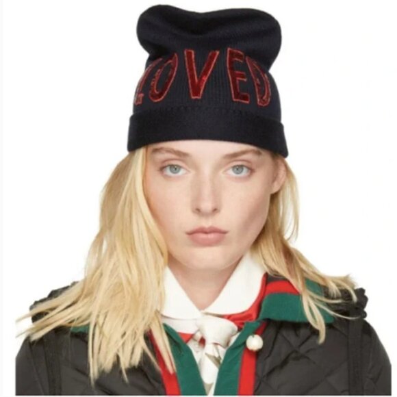 Gucci Wool Sequin Embellished LOVED Beanie Hat Midnight Navy Red Lar… - Picture 1 of 7